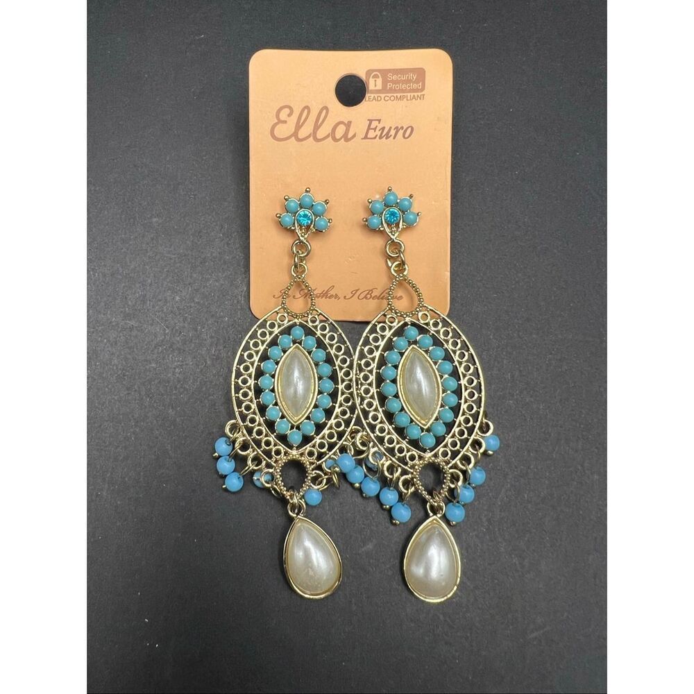 Ella Euro Gold Tone Filigree Sky Blue Vintage Style Chandelier Earrings